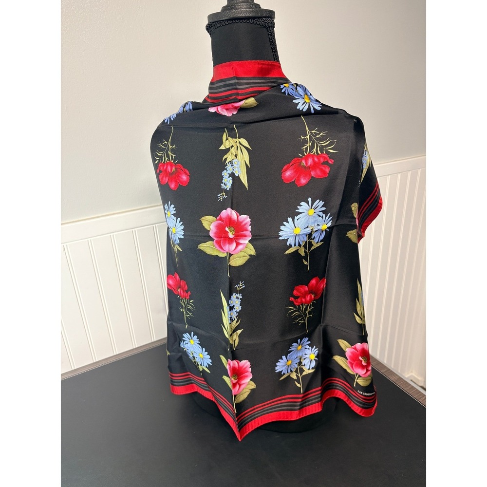 Liz Claiborne Silk Scarf Black Floral Red Blue Daisy Poppy Square 26x26 Vintage